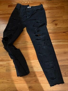 Black back and front Distressed Slim Jeans with asymmetrical zip 30
